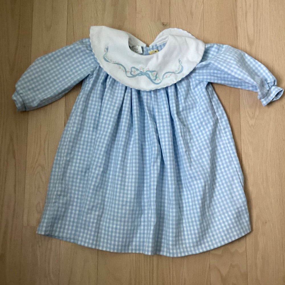 80’s USA Girl Easter Dress Blue Gingham Embroidered
